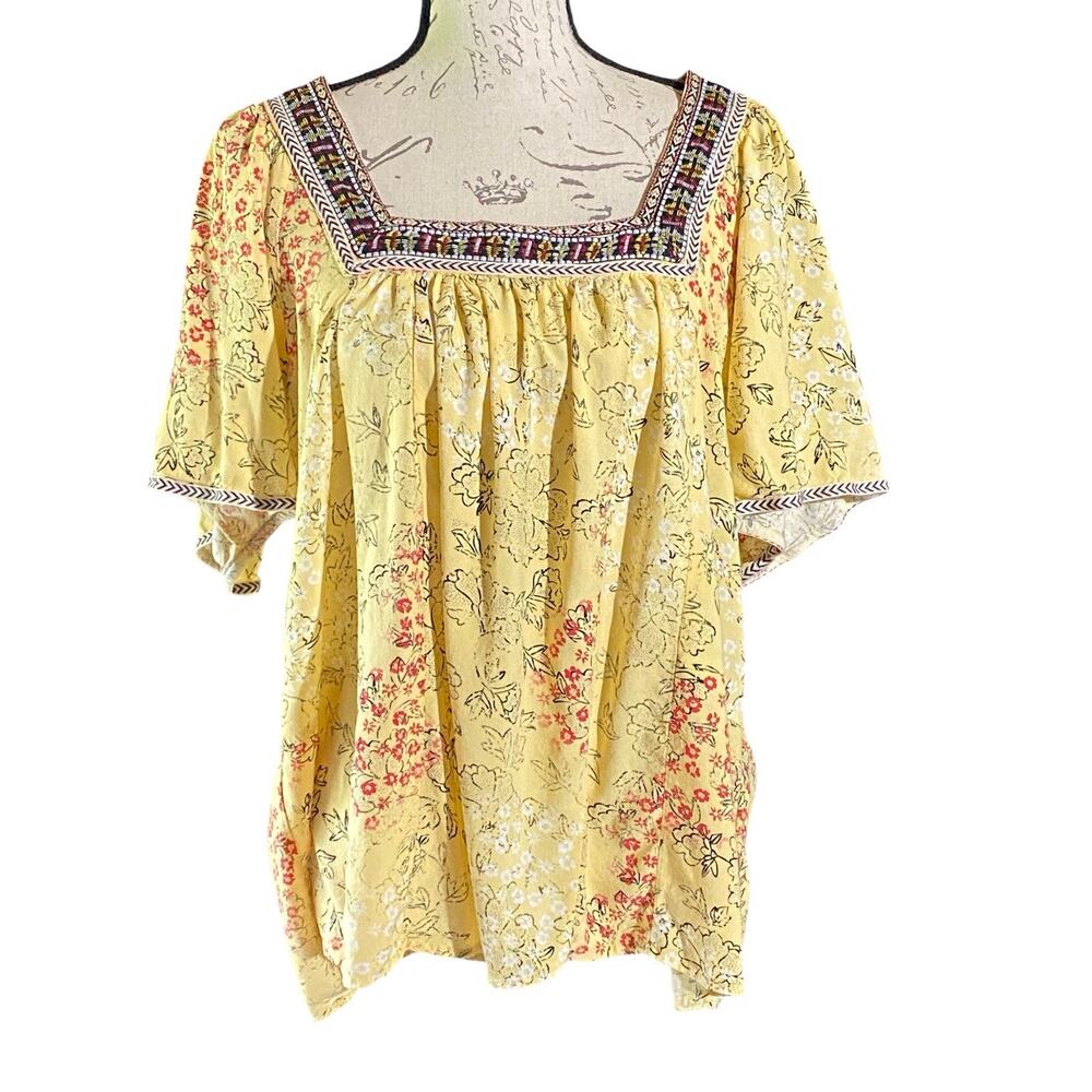Farmers Market by Oneworld Womens XL Gold Floral Boho Relaxed Fit Cottage Top